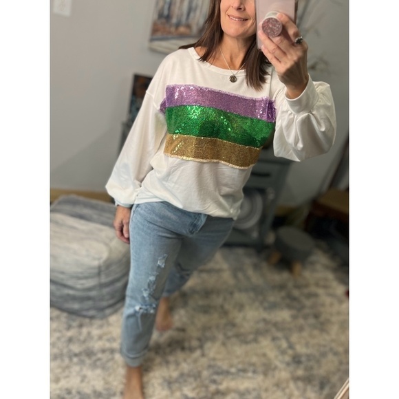 Mardi Gras Sequined Color Block French Terry Purple Green Gold Ivory 1123 - Picture 10 of 11